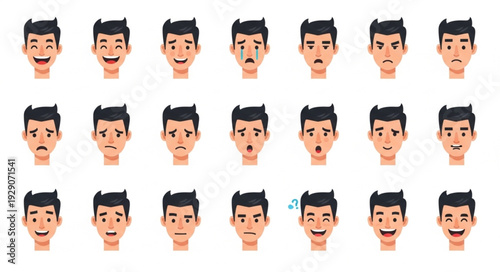 Diverse collection of male faces showcasing various emotional expressions and moods.