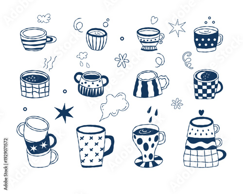 Hand Drawn Mugs and Cups Set with Decorative Fillers. Isolated design elements on a white background 