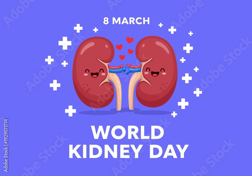 World kidney day illustration with cartoon kidneys and medical symbols on purple background