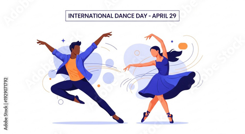 Man and woman dancing together on international dance day april 29 in a colorful illustration with dynamic movements and swirling patterns