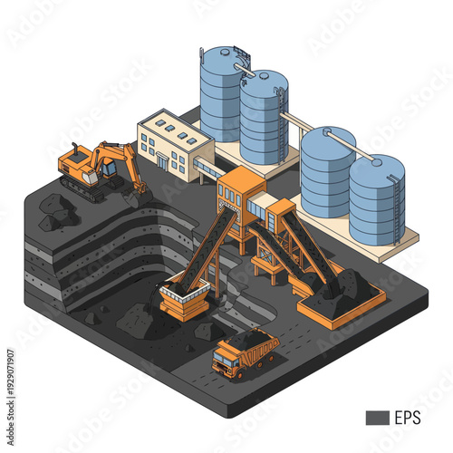 Industrial Mining Site with Heavy Machinery.