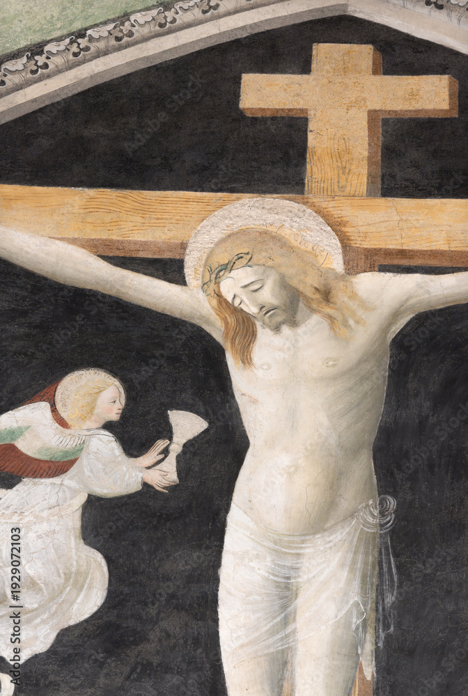 Obraz premium NOVARA, ITALY - JANUARY 16, 2026: The detail of fresco of Crucifixion among the angels in the church Chiesa di San Nazaro by unknown artis from 15. cent.