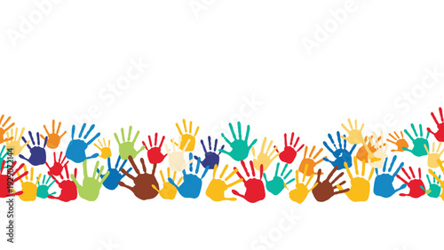 Vibrant border design created from many overlapping colorful handprints representing community, children, and creative expression.
