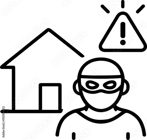 Minimalist Icon Line Art Illustration of a Burglar with a House and Warning Sign. Concept for Home Security, Crime Alert, Invasion Threat, and Protection.