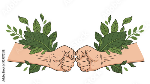 Concept of environmental partnership showing two fists bumping with green leaves growing from them symbolizing eco-friendly collaboration.