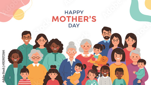 Happy Mother's Day banner featuring a large group of diverse families with children and grandparents celebrating together with love.