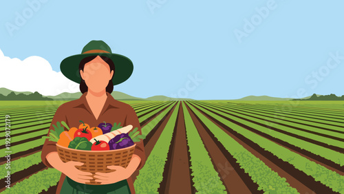 Dedicated female farmer wearing a wide-brimmed hat holds a woven basket filled with fresh organic vegetables in a large field.