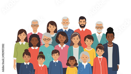 Large diverse group of people of various ages and ethnicities stand together in a unified community representing global population.