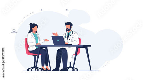 Male and female medical professionals in white coats discuss patient data over a laptop at a modern clinical desk.