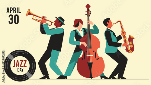 Vibrant jazz band illustration featuring musicians playing trumpet, double bass, and saxophone to celebrate International Jazz Day.