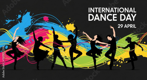 Silhouettes of dancers celebrate international dance day on april 29 with colorful abstract background
