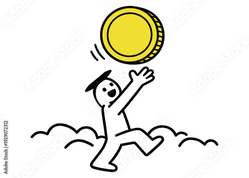 Man catching falling coin icon with cloudy background business finance success concept