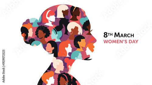 Profile silhouette of a woman filled with diverse female faces of different ethnicities and styles for 8th March Women's Day.