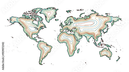 Creative world map design using topographic contour lines in green and brown hues for environmental and geographic themes.