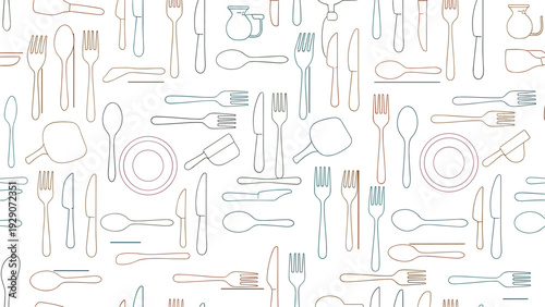 Subtle seamless background pattern featuring outlines of various kitchen utensils like forks, spoons, knives, and plates.