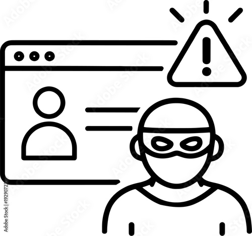 Identity Theft and Cybercrime Warning Minimalist Icon with Data Breach Security Alert. Minimal Line Art Illustration of a Hacker Stealing Personal Information.