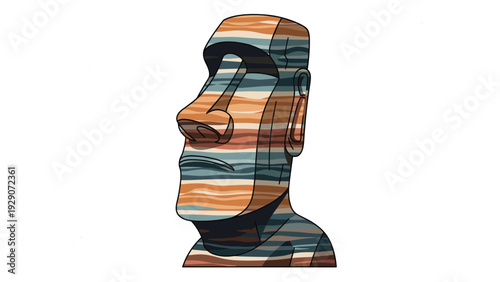 Stylized illustration of a Moai statue from Easter Island decorated with colorful horizontal landscape patterns and textures.