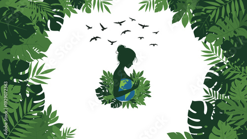 Silhouette of a pregnant woman holding the earth globe, framed by green leaves and birds, symbolizing mother earth and life.