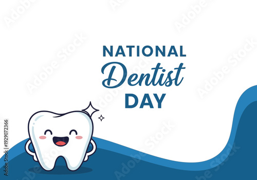 National dentist day cartoon tooth character with blue wave design