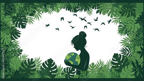 Serene silhouette of a woman holding the planet earth, surrounded by a lush frame of tropical green leaves and flying birds.