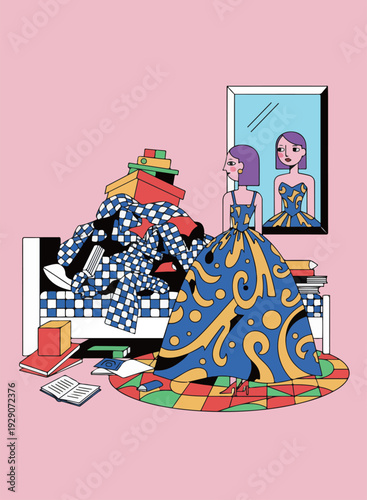 Woman in Dress Amidst Clutter