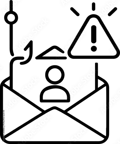 Phishing Email Security Alert Minimalist Icon. A minimalist line art illustration depicting an email being targeted by a fishing hook with a warning sign, symbolizing online scam and data threat.