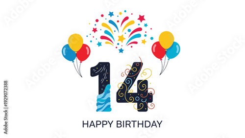 Exciting celebration graphic for a fourteenth birthday featuring the number fourteen with colorful balloons and fireworks.