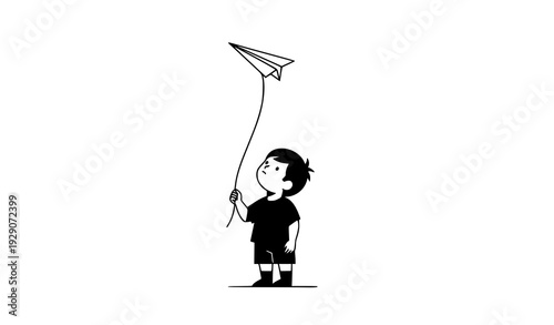 Minimalist child holding floating paper airplane as symbol of dreams and imagination vector isolated on white background