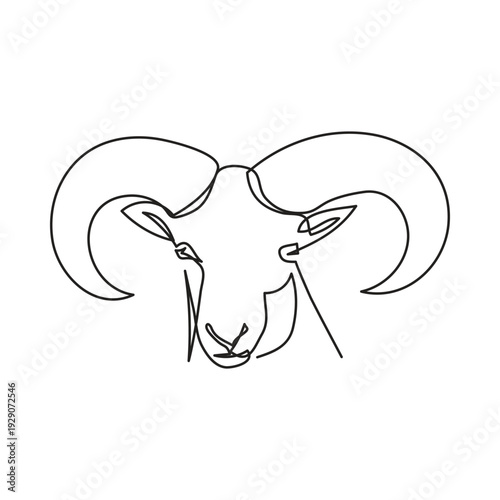 One line drawing of a ram head with horns in continuous line style. Minimal vector illustration isolated on white background.