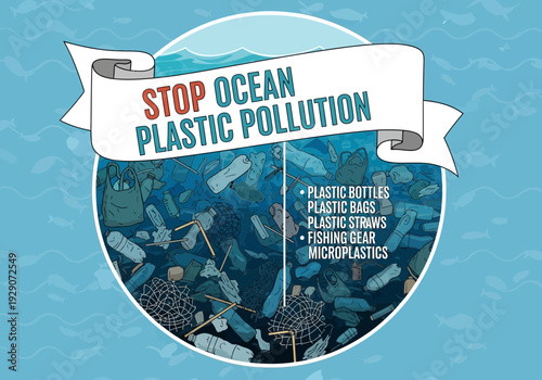 Stop ocean plastic pollution awareness poster with marine life