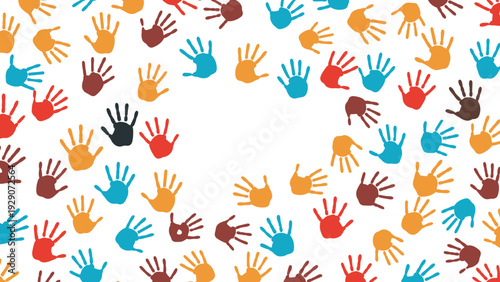 Numerous colorful handprints scattered across a white background with a large heart shape formed in the center by space.