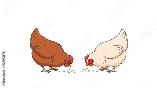 Brown and white hen characters pecking and eating seeds from the ground together on a plain white background.