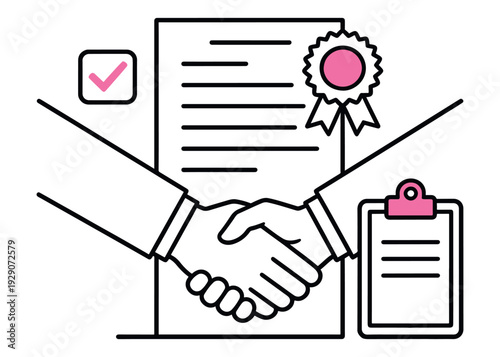Close up of business handshake over contract, with document and clipboard