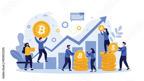Group of people working together to invest in Bitcoin and financial markets with a blue growth trend chart background.