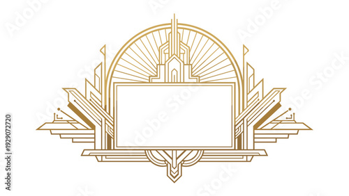 Decorative art deco frame in gold lines features geometric patterns and a central blank rectangle for personalized text.
