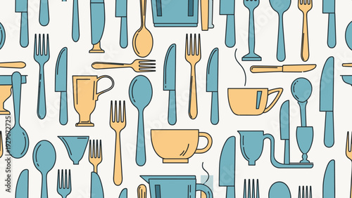 Hand drawn seamless pattern features various kitchen utensils including forks, spoons, knives, and coffee cups in blue and tan.