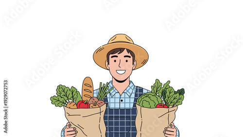 Happy young man wearing a straw hat holds two paper bags filled with fresh organic vegetables and a loaf of bread.