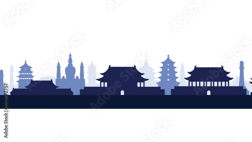 Silhouette of a traditional Asian city skyline featuring pagodas and historic architecture in shades of blue and white.