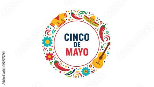 Cinco de Mayo circular emblem features Mexican cultural icons like a guitar, sombrero, chili peppers, and vibrant flowers.