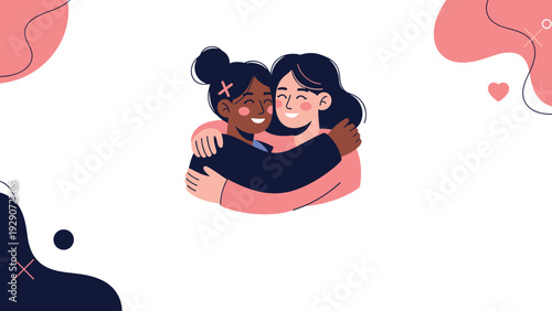 Two young women of different ethnicities share a warm and happy hug in this conceptual illustration of friendship and love.