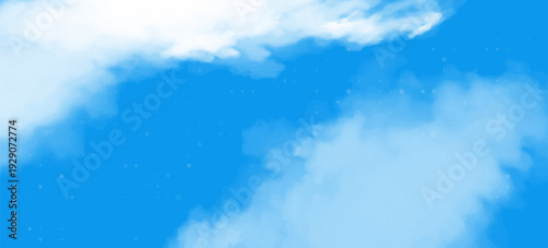 Sky blue cloud background featuring a clear horizon with soft white clouds over a calm blue ocean. This vector landscape illustrates a peaceful nature panorama with a fresh summer sky and sunrise 