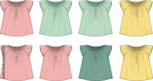Baby girls ruffle sleeve tops in pastel colors for newborn infant summer fashion apparel CAD drawing flat vector illustration isolated