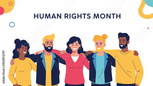 Diverse group of men and women stand together in a line with arms around each other to celebrate Human Rights Month.