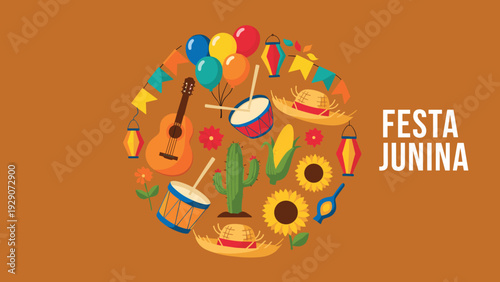 Circular arrangement of Festa Junina elements includes a guitar, corn, sunflowers, lanterns, and a cactus on an orange background.