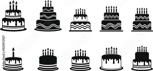 Birthday cake icons set with lit candles and dripping frosting silhouettes for anniversary celebration party dessert isolated on white background