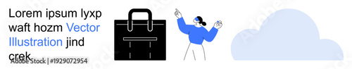 Business, teamwork, communication, cloud storage, collaboration, organization. Black briefcase, person gesturing blue cloud on white background. Business and teamwork concepts