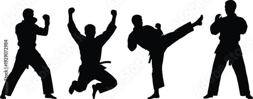 Silhouettes of martial artists performing karate kicks and fighting poses isolated on white background for combat sports and fitness training