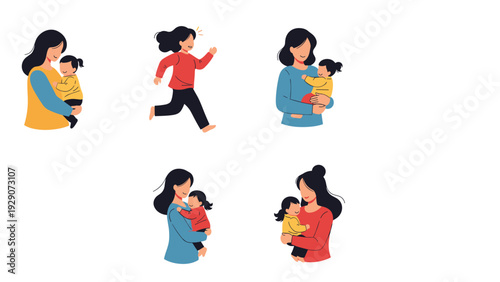 Set of heartwarming illustrations shows a mother and her young child playing, hugging, and running together to celebrate motherhood.
