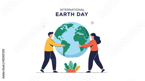 International Earth Day illustration shows a man and a woman standing on either side of the planet Earth in a warm embrace of nature.