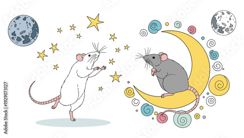 Two whimsical rats, one white and one gray, are depicted in a magical space setting with planets, a crescent moon, and stars.